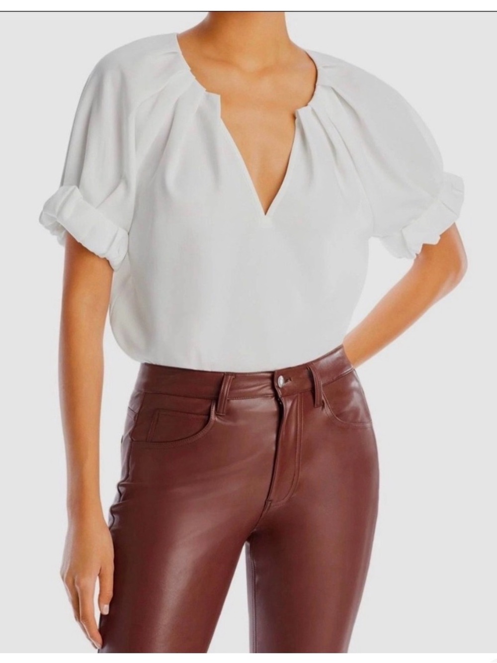 A.L.C. White Pleated Neck Puff Sleeve Blouse Size 14